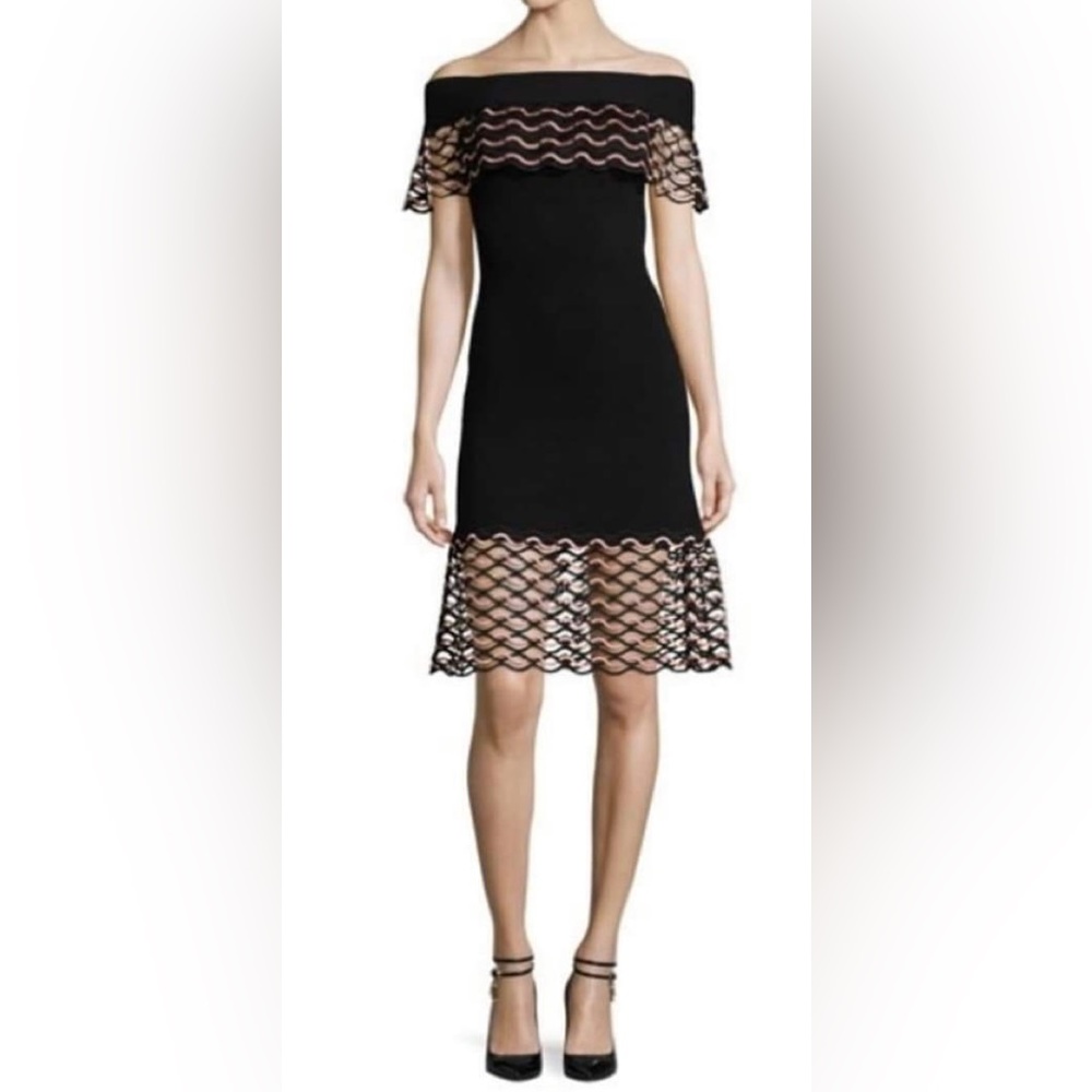 Lela Rose Black Wave-Lace Off-the-Shoulder Knitted Sweater Dress lightly worn